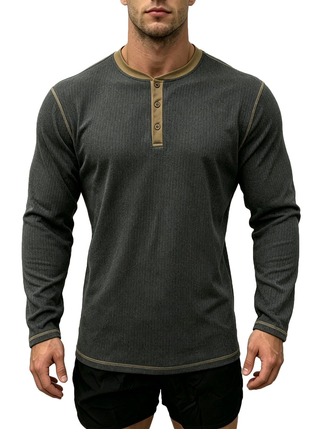 1pc Men'S Spring Summer Casual Henley Shirt, Long Sleeve T-Shirt, Retro Color-Block Trimmed Button-Front, American Easy Versatile Base Layer, Casual Commute Date Comfortable Top Single Pc - Dark Gray