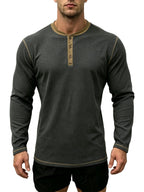 1pc Men'S Spring Summer Casual Henley Shirt, Long Sleeve T-Shirt, Retro Color-Block Trimmed Button-Front, American Easy Versatile Base Layer, Casual Commute Date Comfortable Top Single Pc - Dark Gray