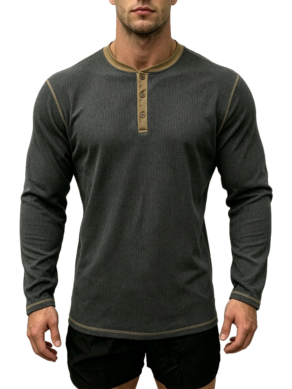 1pc Men'S Spring Summer Casual Henley Shirt, Long Sleeve T-Shirt, Retro Color-Block Trimmed Button-Front, American Easy Versatile Base Layer, Casual Commute Date Comfortable Top Single Pc - Dark Gray
