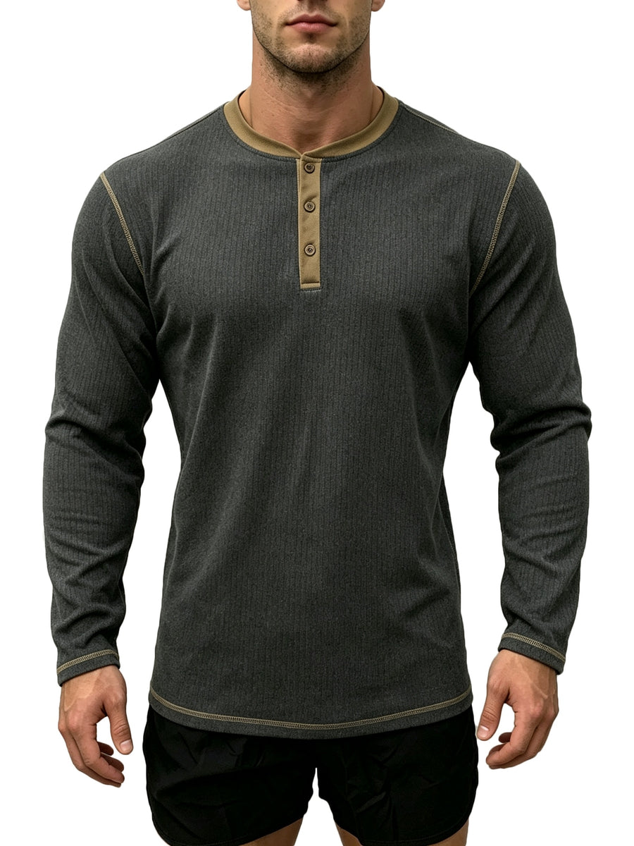 1pc Men'S Spring Summer Casual Henley Shirt, Long Sleeve T-Shirt, Retro Color-Block Trimmed Button-Front, American Easy Versatile Base Layer, Casual Commute Date Comfortable Top Single Pc - Dark Gray