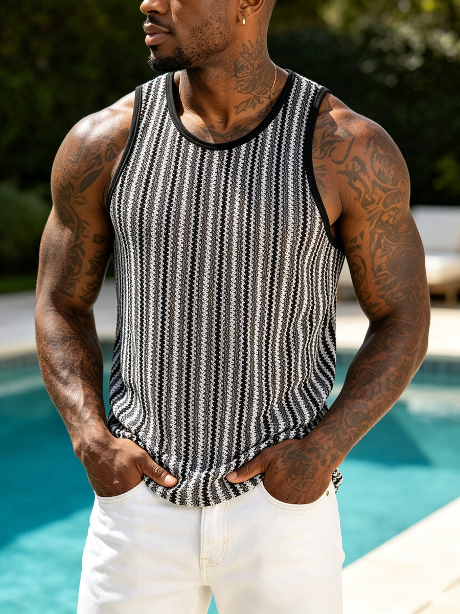 Men's Chevron Striped Hollow Knit Tank Top, Round Neck Sleeveless Casual Summer T-Shirt for Beach Workout Vacation Streetwear - Grey
