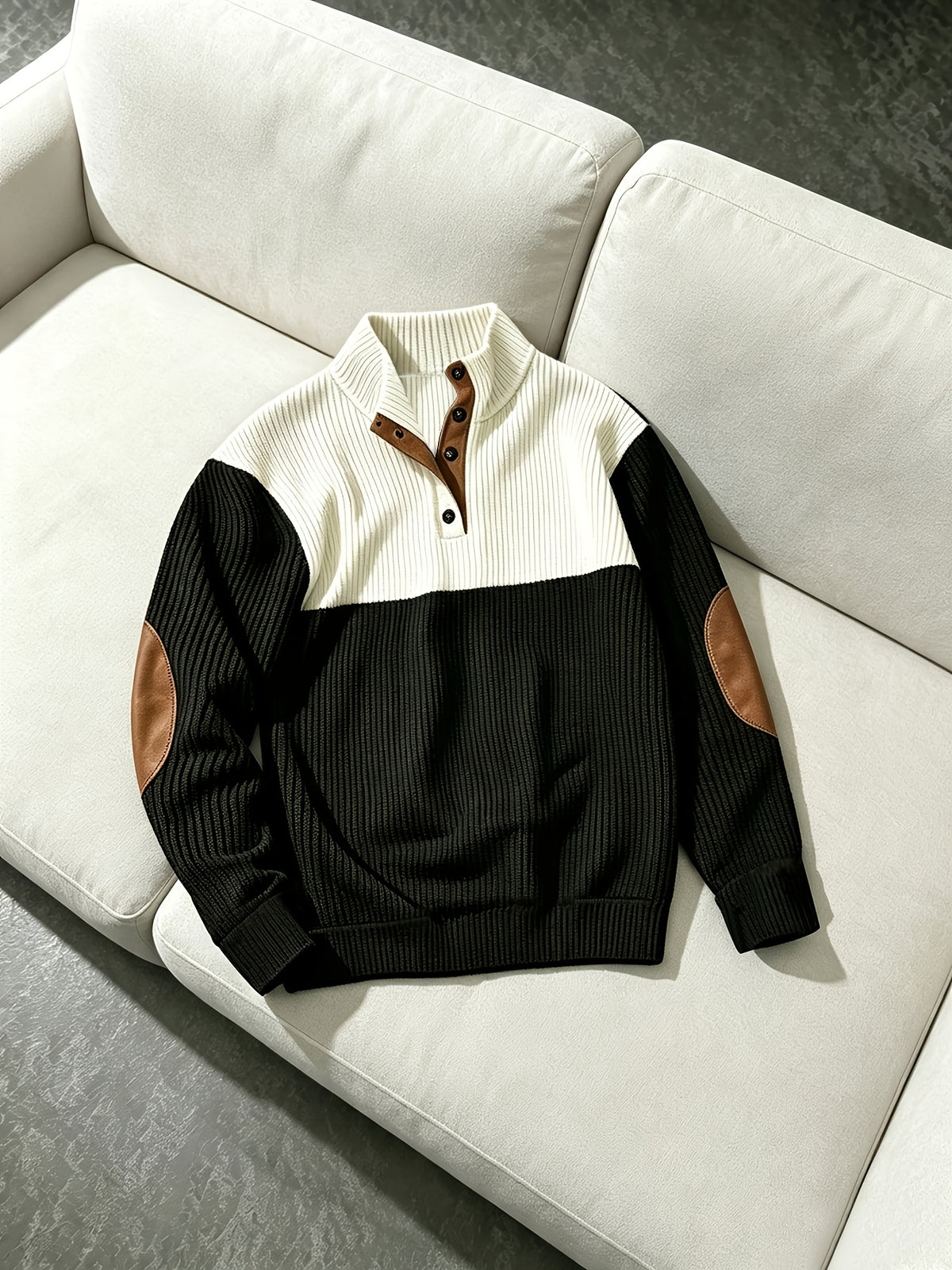 Autumn Winter Men'S Henley Casual Color-Block Lapel Sports Sweatshirt Corduroy Stand-Up Collar Long Sleeve Jacket Suitable for Casual And Athletic Wear - Black