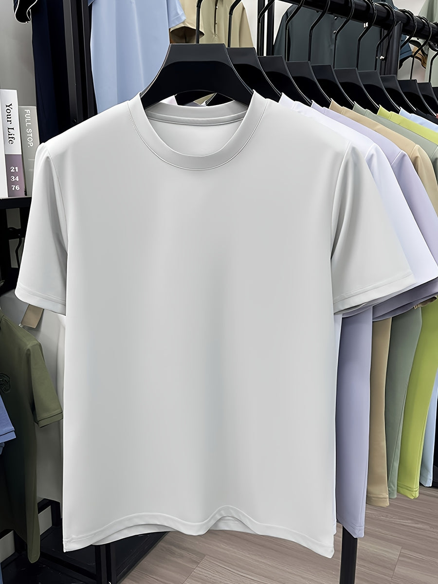 NERPOLO Men's Solid Color Short Sleeve T-Shirt - Round Neck Casual Summer Tee with Suitable for Middle-Aged, Regular Fit Breathable Shirt, Hand Washable Solid Color Round Neck Half-Sleeve Blouse for Casual Attire (No Transparency) - Off-white
