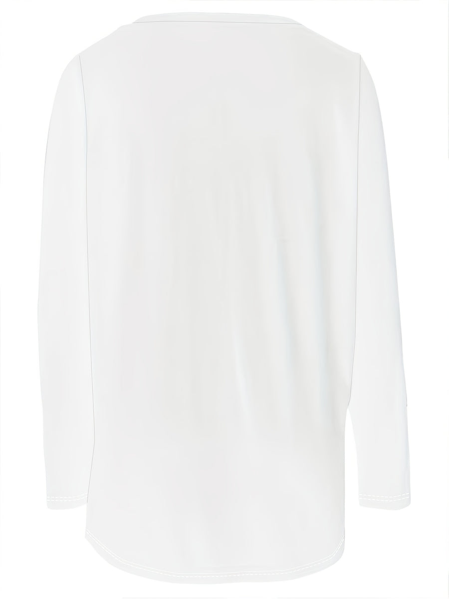 Solid Pocket V-Neck T-Shirt, Casual Long Sleeve T-Shirt for Spring And Fall, Women'S Clothing - White