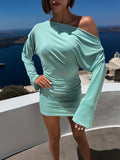 Women's Fashion Pure Desire One-Shoulder Off-Shoulder Long Sleeve Dress, Mint Green Ruched Waist-Cinching Bodycon Hip-Hugging Mini Skirt, Sexy Beach Vacation Short Skirt for Hot, Niche Designer Ruched Waist-Slimming Mini Skirt + YYTT - Viridity