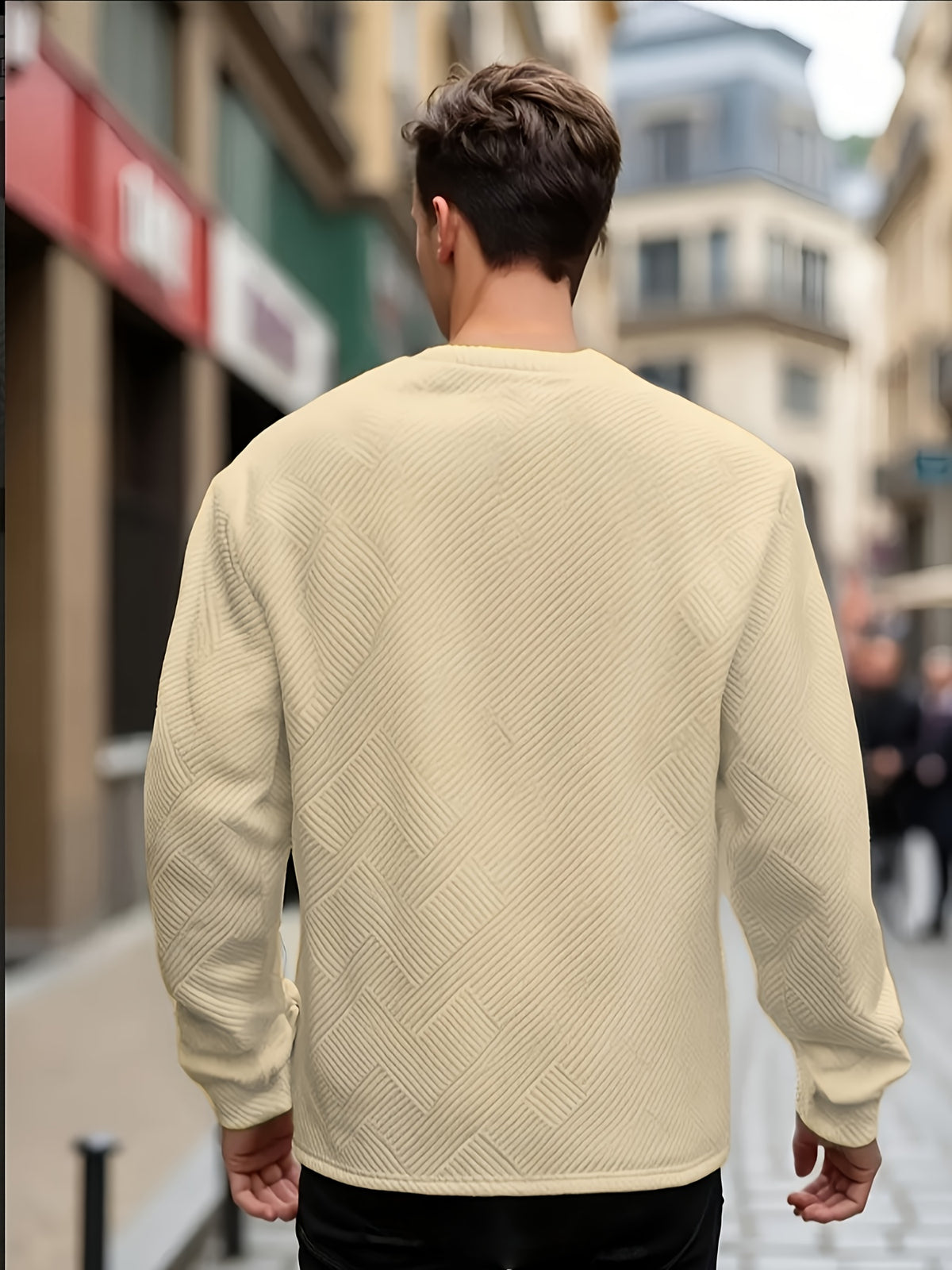 Men'S Spring Autumn Casual Long Sleeve Sweatshirt Daily All-Match Heavy Jacquard Round Neck Sweatshirt, Regular Fit, Outdoor, Crew Neck, Geometric Print - Apricot
