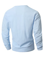 Men's 2pcs V-Neck Long Sleeve Linen T-Shirt, Breathable Loose Solid Color Top for Beach Outings and Daily Casual Wear - Light Blue+white