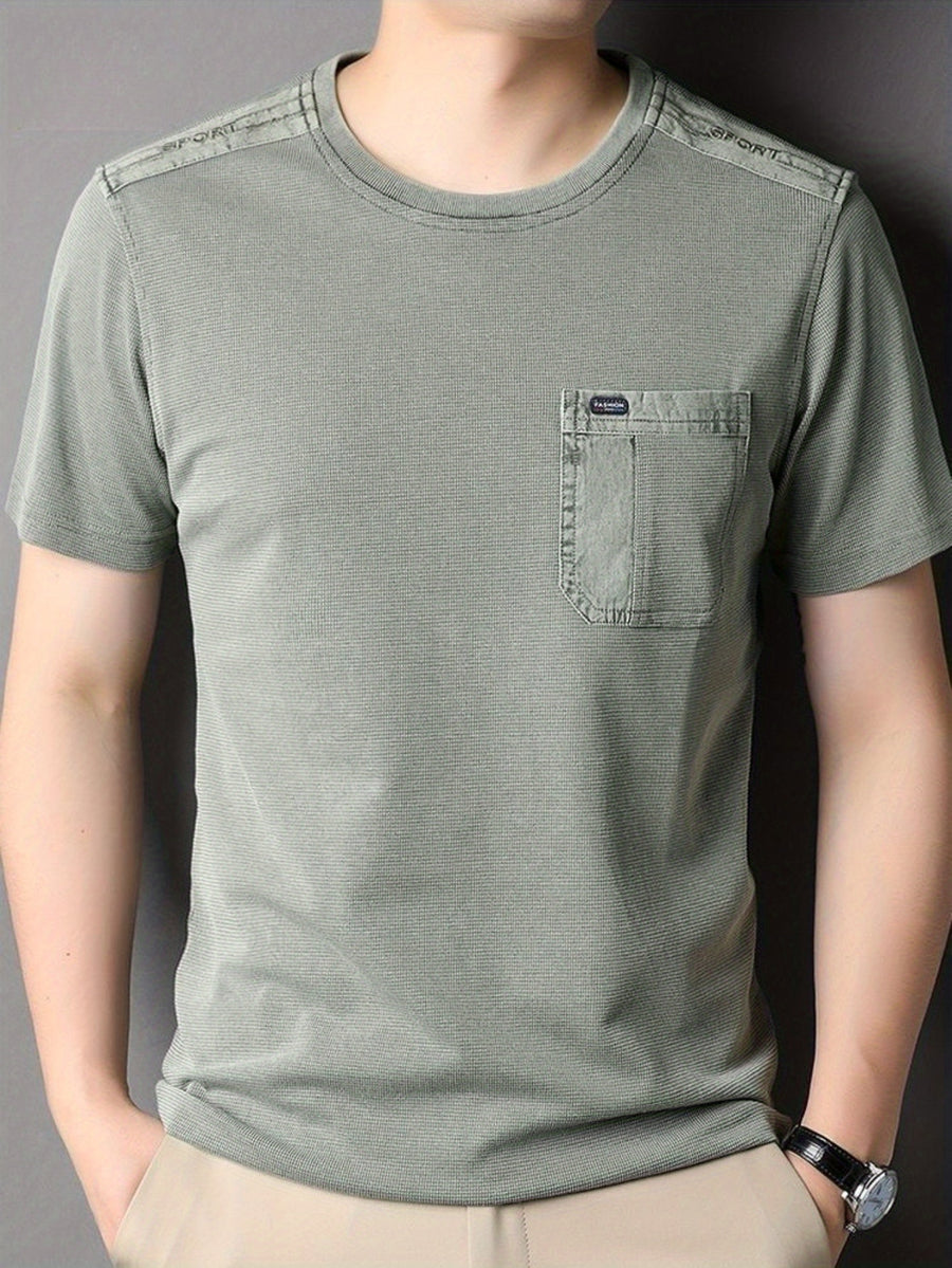 Men's Round Neck Short Sleeve with Shoulder Embroidery, Practical Chest Pocket in Waffle Breathable Fabric and Washed Distressed Finish - Light Green