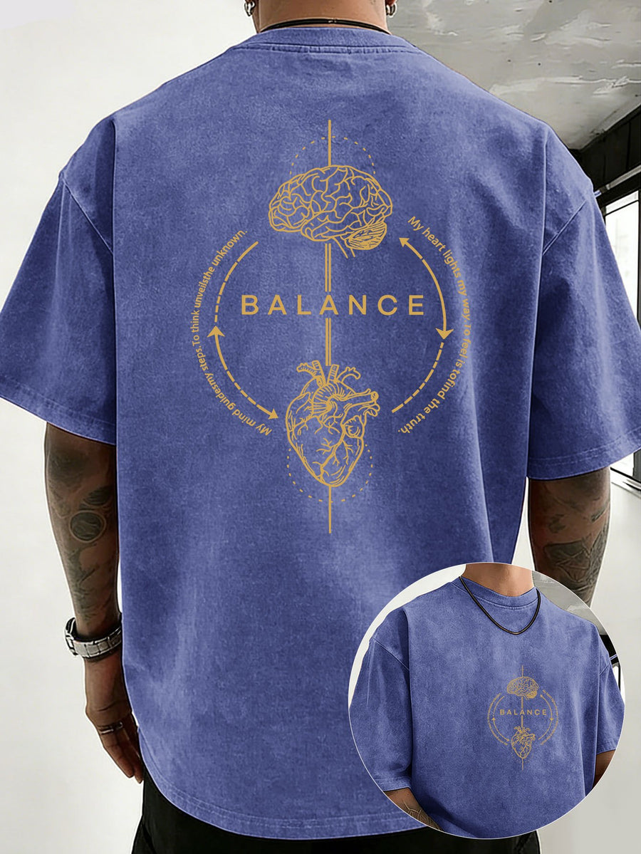 Men's 100% Cotton Washed Distressed Crew Neck Short-Sleeve T-Shirt, Balance Brain Heart Graphic Double-Sided Print, Trendy Loose Casual Tee Tops, 12 Colors Available - Royal Blue