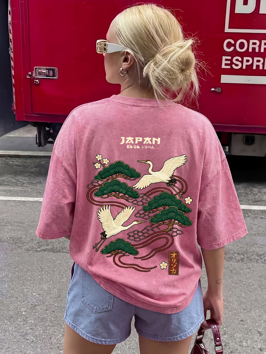 2026 Fashionable Trendy New Distressed Design Japanese Crane Pine Branch Print American Vintage Street Style Women'S Distressed All-Match Casual Retro Short Sleeve T-Shirt - Rose Red