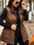 ASD1 Autumn Winter Diamond Quilted Vest Women'S Waist Cincher Drawstring Stand Collar Sleeveless Camisole Thick Warm Casual Outerwear, Western Style New Stand Collar Quilted Vest Women'S Drawstring Waist Pocket Warm Sleeveless Jacket Versatile Top - Rust