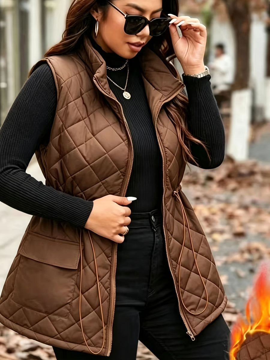 ASD1 Autumn Winter Diamond Quilted Vest Women'S Waist Cincher Drawstring Stand Collar Sleeveless Camisole Thick Warm Casual Outerwear, Western Style New Stand Collar Quilted Vest Women'S Drawstring Waist Pocket Warm Sleeveless Jacket Versatile Top - Rust