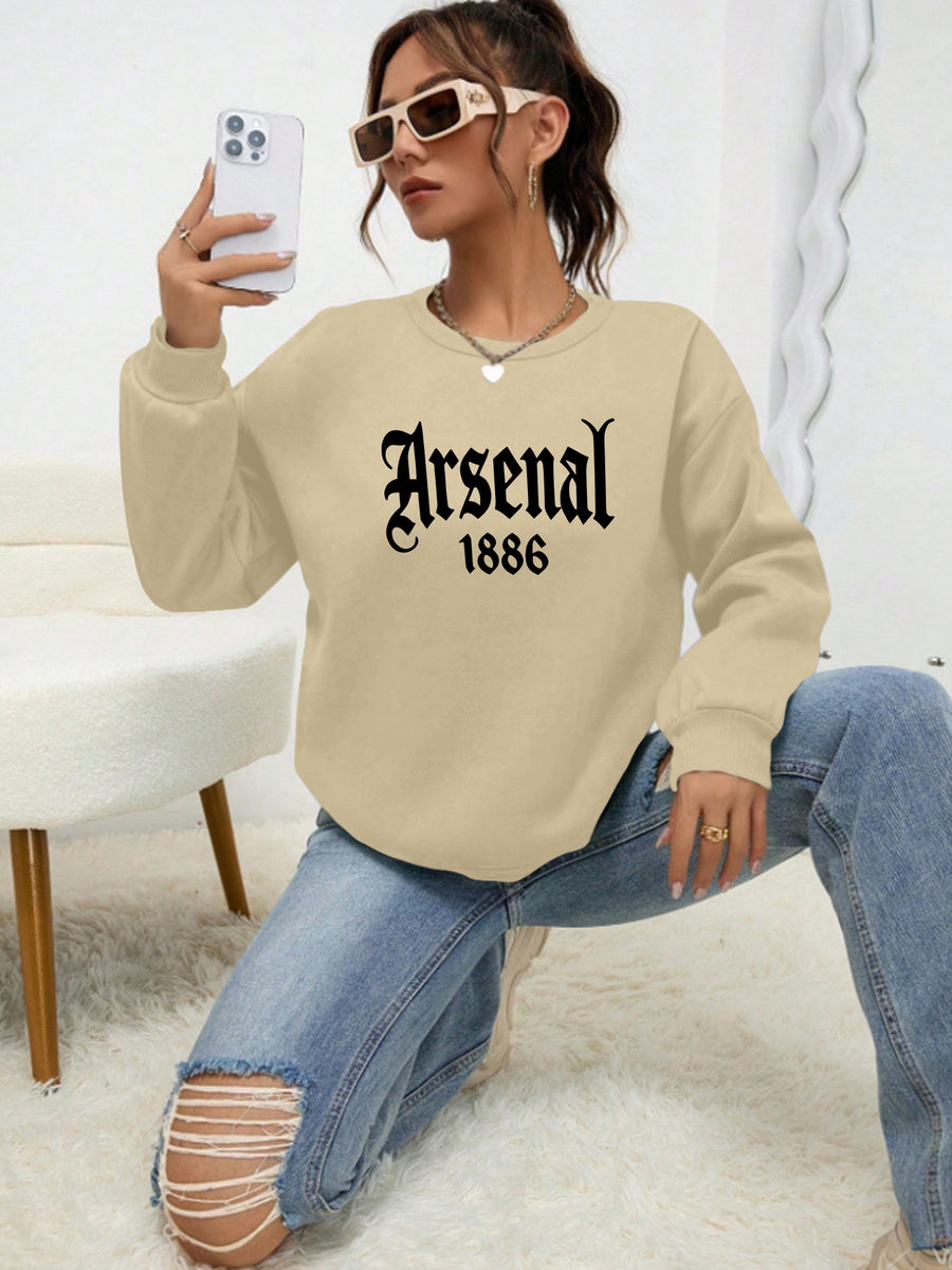 2025 Autumn And Winter Women'S Fashionable Casual Loose Round-Neck Printed Sweatshirt, Featuring a Design with The Arsenal 1886 Letter Pattern, Easy And Versatile Style, Made of 100% Fabric, Machine Washable - Apricot