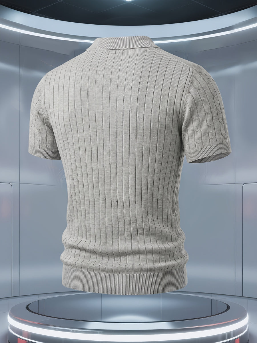 Short Sleeve Knit Sweater 2026 Spring/Summer New Arrival Cable Knit Lapel Slimming Pullover Top, Vertical Stripes with Intricate Cable Knit Slimming Texture, Light Luxury Business High-Quality Style, Fashionable, Simple, and Handsome - Grey
