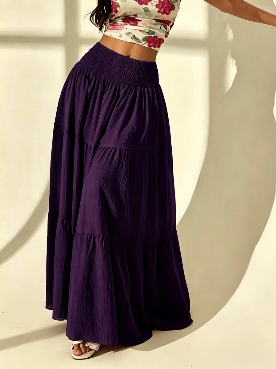 Bohemian Tiered Maxi Skirt, High-Waist Smocked A-Line Flowy Long Skirt, Casual Loose Pleated Solid Color Skirt for Beach Vacation Daily Wear, Women'S Fashion - Deep Purple
