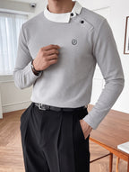 Men's Spring/Autumn Long Sleeve Thin Sweatshirt, Waffle Knit Color Block Slant Collar Long Sleeve Polo Shirt with Small Logo Embroidery, Casual Commuter Top - Light Grey