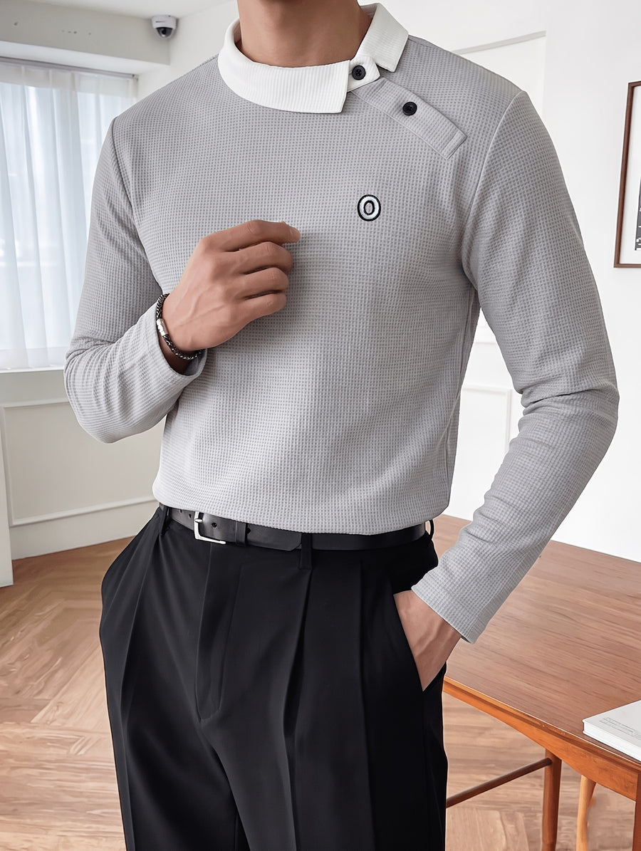 Men's Spring/Autumn Long Sleeve Thin Sweatshirt, Waffle Knit Color Block Slant Collar Long Sleeve Polo Shirt with Small Logo Embroidery, Casual Commuter Top - Light Grey