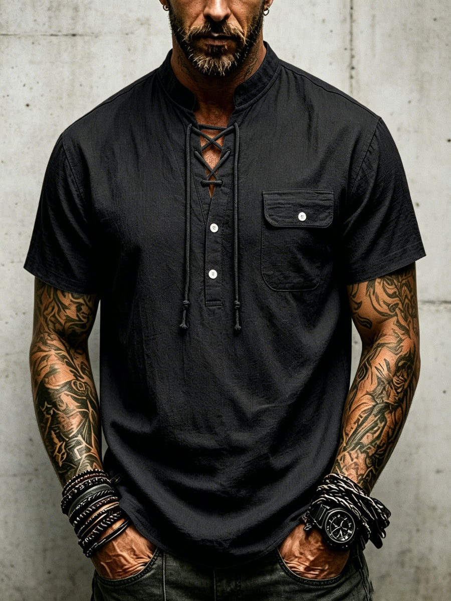 Men's Vintage Medieval Henley Shirt - Short Sleeve Mandarin Collar Cross Drawstring Blouse | Loose Fit Linen Look Top | Suitable for Casual Vacation, Outdoor & Casual Attire, Multi-Color Options - Black