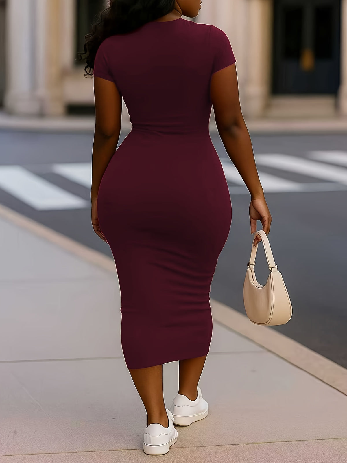 Women'S Solid Color Simple Daily Short Sleeve Dress | Crew Neck, Bodycon Fit, Suitable for Fall/Winter - Deep Red