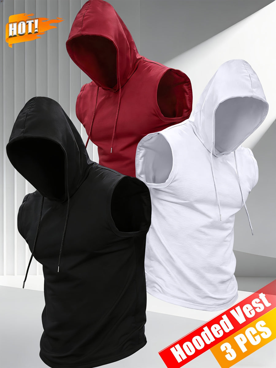 3pcs Men's Hooded Tank Tops, New Summer Style, Skin-Friendly and Breathable Fabric, Sleeveless Loose Fit for a Slimming Look, Versatile for Daily Fitness, Sports, and Streetwear, Essential for Men's Refreshing Summer Outfits - Black+white+red