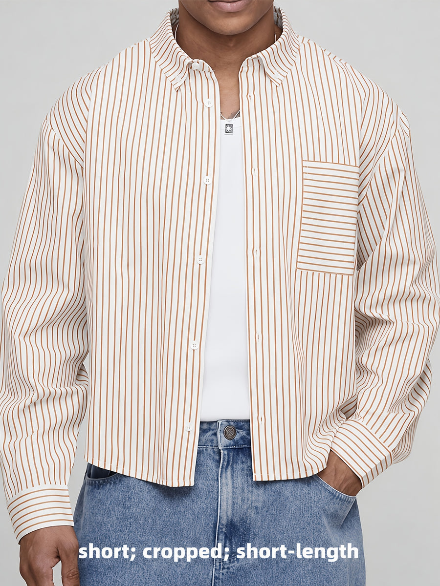 Men's Short Striped Casual Long-Sleeve Button- Shirt with Lapel, Suitable for Spring/Autumn Outings, Vacations, and Daily Wear, Men's Fashion Apparel - Camel