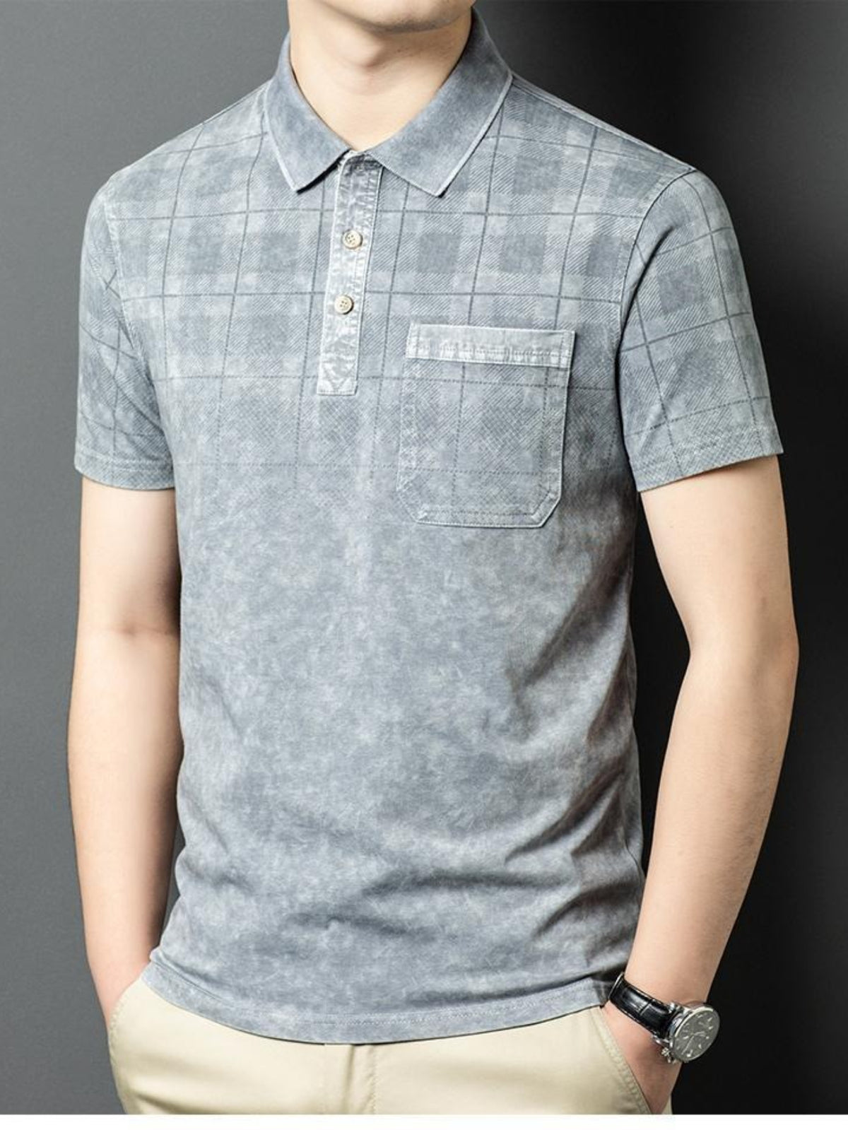 Washed Distressed Denim Texture Polo Shirt, Breathable Sweat-Absorbent Men'S Business Casual Summer Top, Sweat-Resistant - Grey