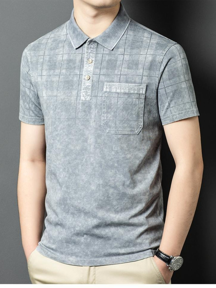 Washed Distressed Denim Texture Polo Shirt, Breathable Sweat-Absorbent Men'S Business Casual Summer Top, Sweat-Resistant - Grey