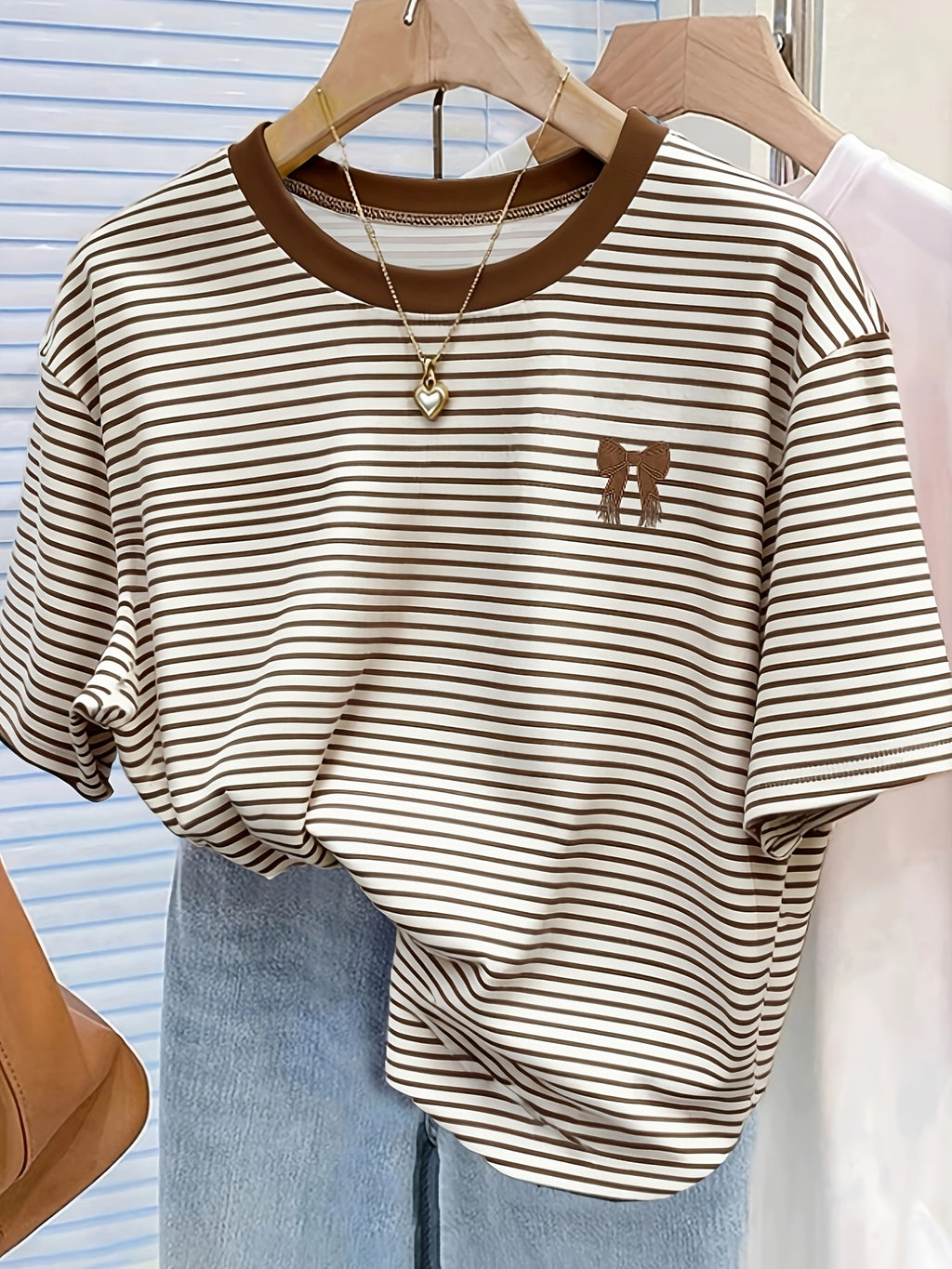 New Cross-Border Fashion Casual Digital Print Striped Short-Sleeve Round-Neck T-Shirt for Women - Coffee Color