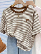 New Cross-Border Fashion Casual Digital Print Striped Short-Sleeve Round-Neck T-Shirt for Women - Coffee Color