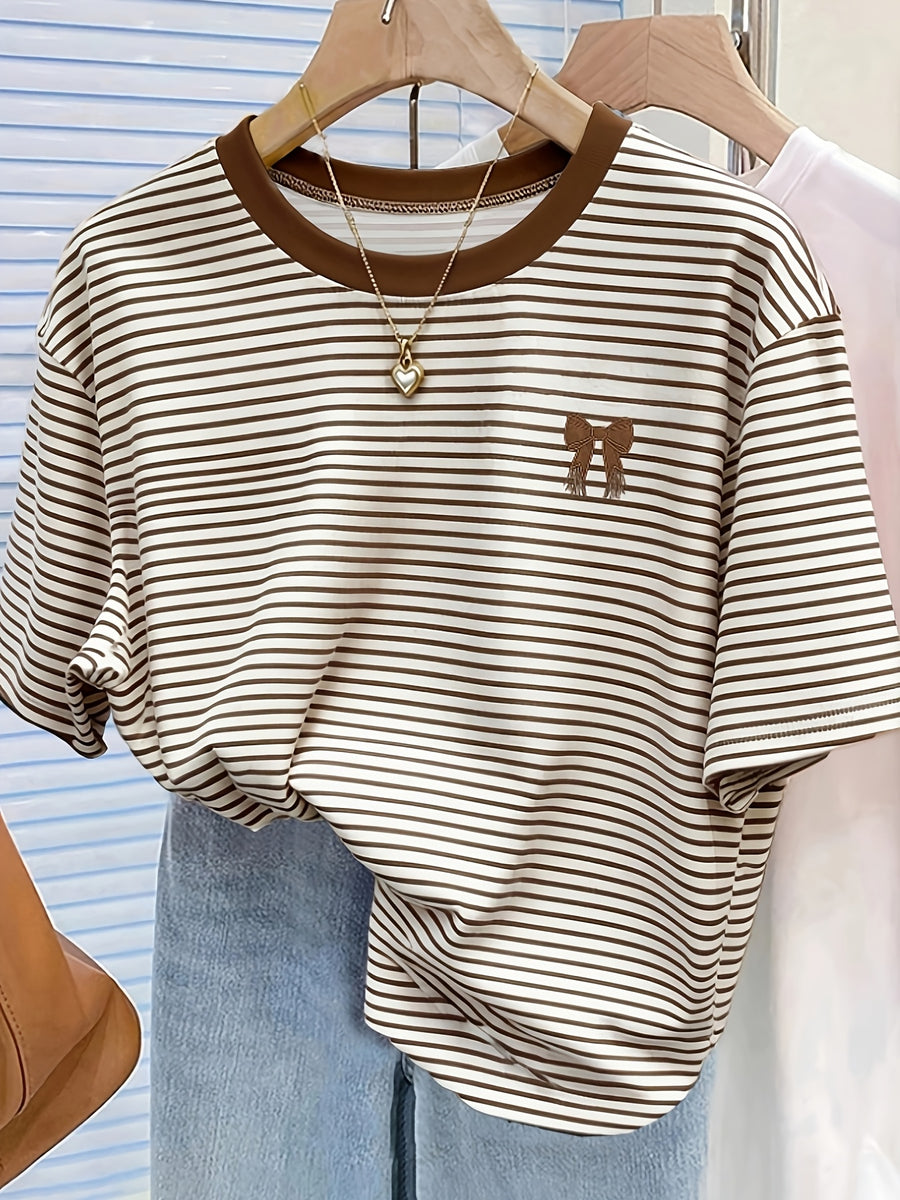 New Cross-Border Fashion Casual Digital Print Striped Short-Sleeve Round-Neck T-Shirt for Women - Coffee Color