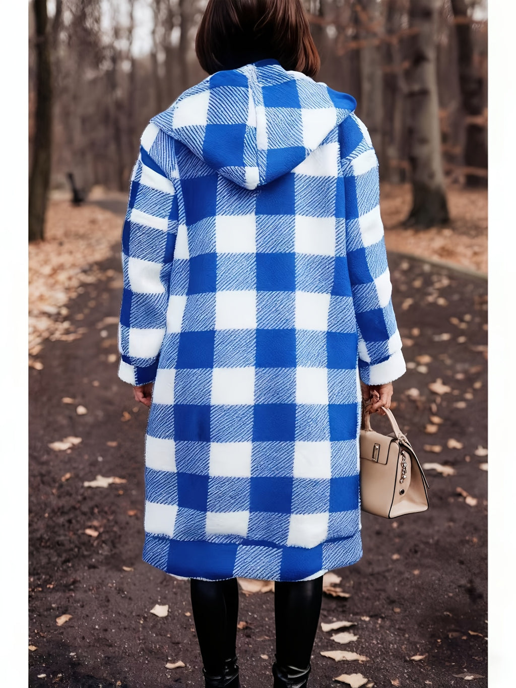 Winter Women's Hooded Cardigan, Two-Tone Plaid, Mid-Length, Thickened Warm Pea Coat - Vibrant Blue