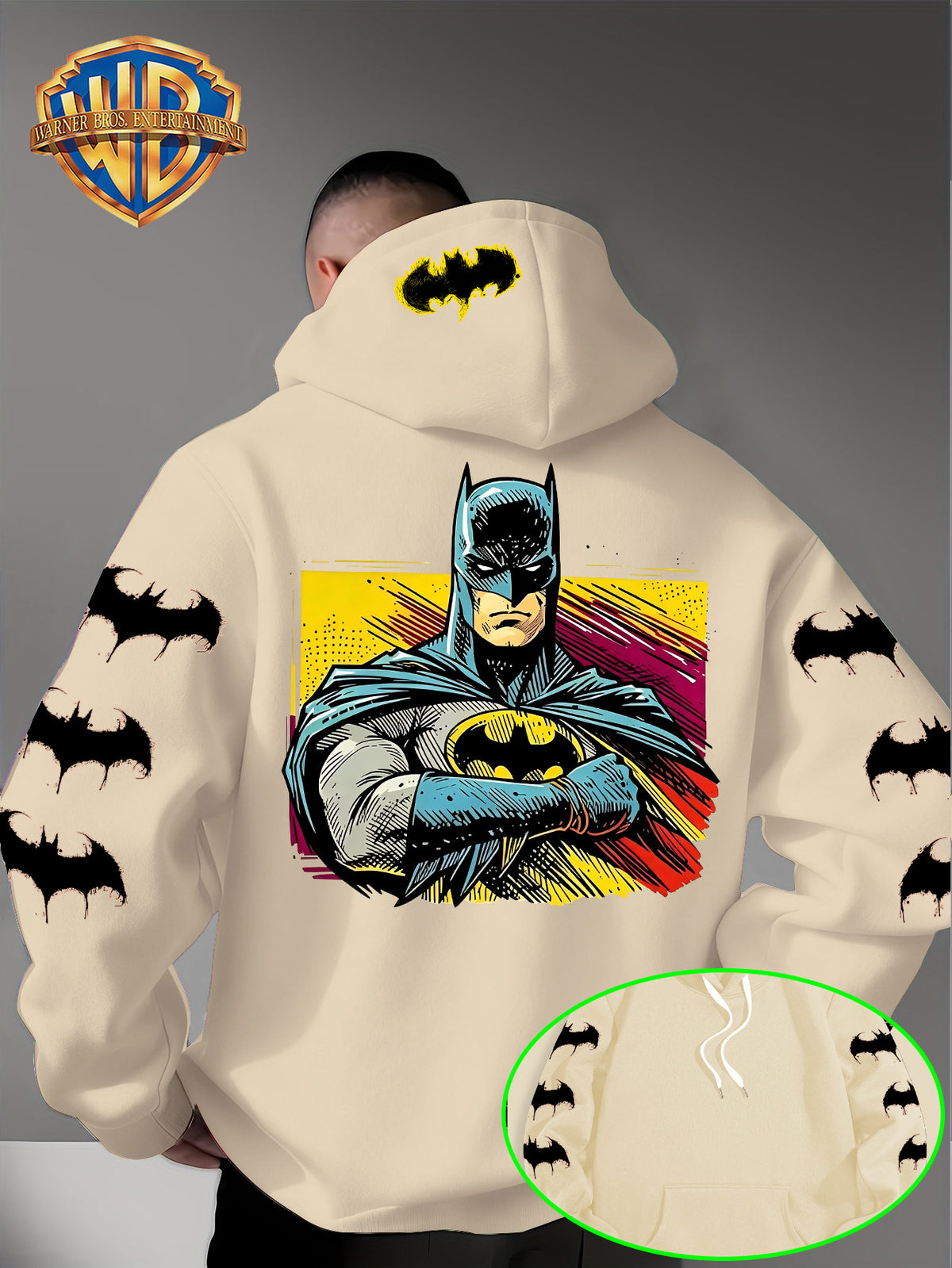 Men'S Hooded Sweatshirt, Batman Classic Image Print, Large Heroic Pattern on Back, Multiple Bat Logos on Sleeves, Exclusive Bat Emblem on Back of Hood, Trendy Street Style Design, Rich Details with Strong Visual Impact - Apricot
