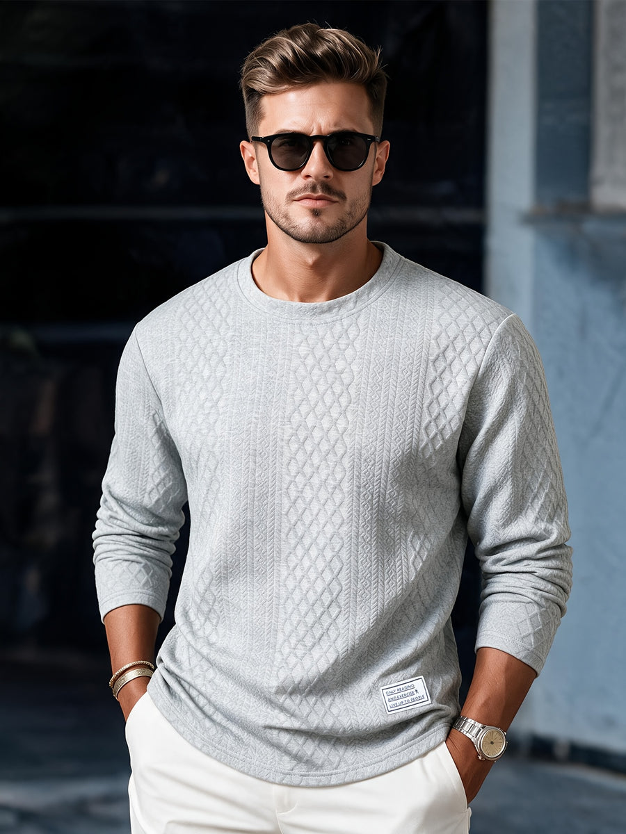 Josh Mei's Selection: Henley Collar Shirt, 2026 Autumn/Winter European and American Style Men's Casual Jacquard Crew Neck Long Sleeve Pullover Sweater Short Sleeve - Light Grey