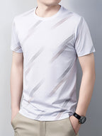 Men's Breathable Mesh Short Sleeve T-Shirt - Lightweight Non-Stick Summer Shirt Suitable for Business Casual & Casual Attire, Round Neck Striped Style (No Belt) for Office, Travel, Layering - Non- Round Neck - White