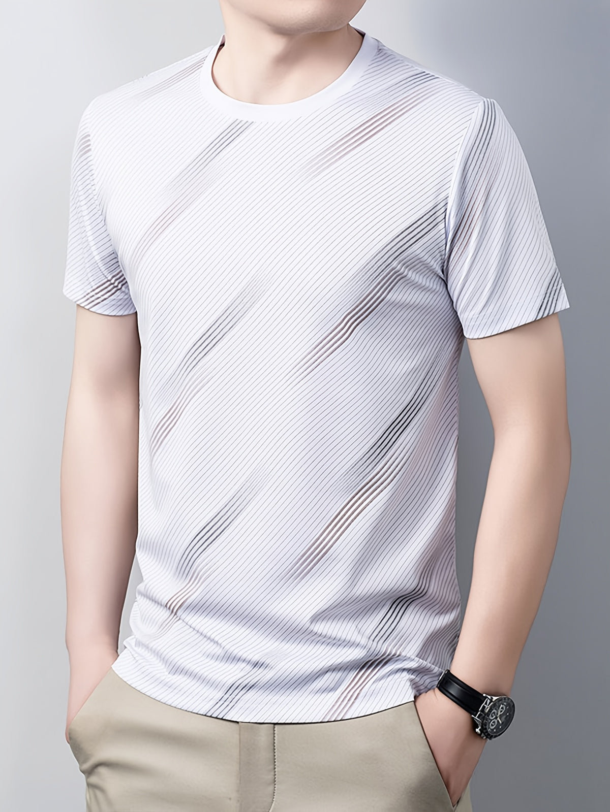 Men's Breathable Mesh Short Sleeve T-Shirt - Lightweight Non-Stick Summer Shirt Suitable for Business Casual & Casual Attire, Round Neck Striped Style (No Belt) for Office, Travel, Layering - Non- Round Neck - White