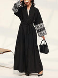 Long-Sleeved Kaftans Featuring an Embroidered Robe with a Pocket And Belt, Ideal for Casual Wear in Spring And Fall, Made from Fabric - Black