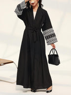 Long-Sleeved Kaftans Featuring an Embroidered Robe with a Pocket And Belt, Ideal for Casual Wear in Spring And Fall, Made from Fabric - Black