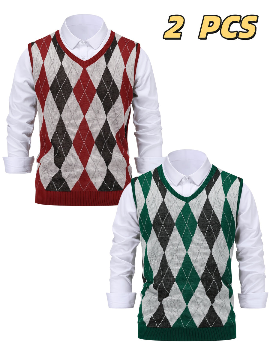 Men'S Spring Autumn 2pcs Set Casual Diamond Pattern Sweater Vest V-Neck Sleeveless Pullover Knit Vest - Burgundy+Dark Green