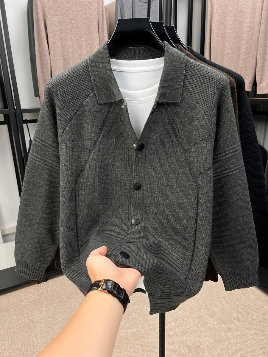 [Xingfan] Autumn Winter Men'S Long Sleeve Cardigan Lapel Business Casual Solid Color Thick Knit Thickened Jacket - Grey