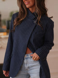 Navy Striped Stand-Up Collar Blazer for Women, 2026 Spring Summer New Asymmetrical Lapel Loose Casual Commuter Small Blazer - Navy Color