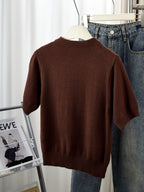 Gray Short-Sleeve Sweater with Scarf Bow Tie Collar - Round Neck Blouse-Compatible Suitable for Layering or Outerwear, Medium Stretch - Sweater for Commuting, Office & Casual Wear, Hand Washable Solid Color - Coffee Color