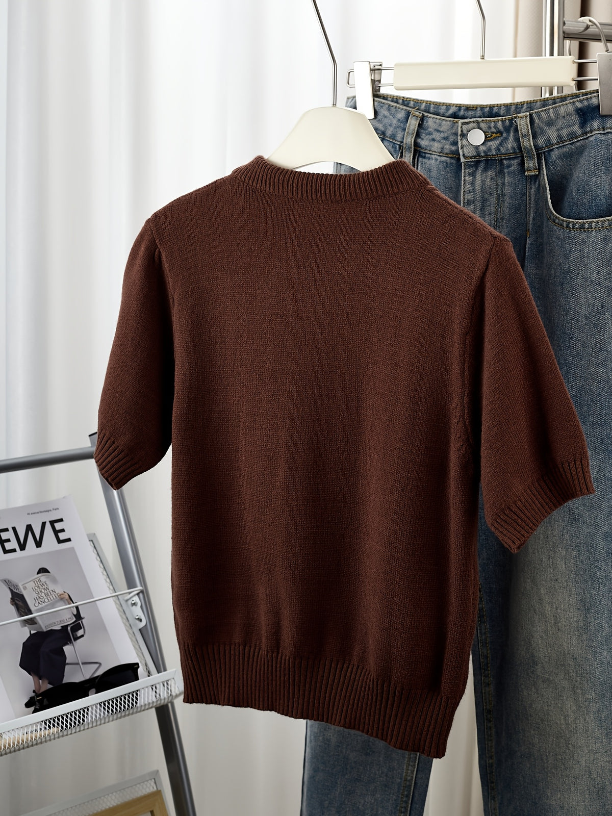 Gray Short-Sleeve Sweater with Scarf Bow Tie Collar - Round Neck Blouse-Compatible Suitable for Layering or Outerwear, Medium Stretch - Sweater for Commuting, Office & Casual Wear, Hand Washable Solid Color - Coffee Color