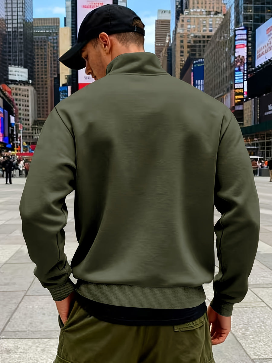 Josh Mei'S Selection of Henley Collar Shirts, Autumn And Winter Sweatshirts, Loose Casual Zip-Up Pullover Solid Color Stand Collar Fleece-Lined Solid Color Men'S Shirts - Olive Green