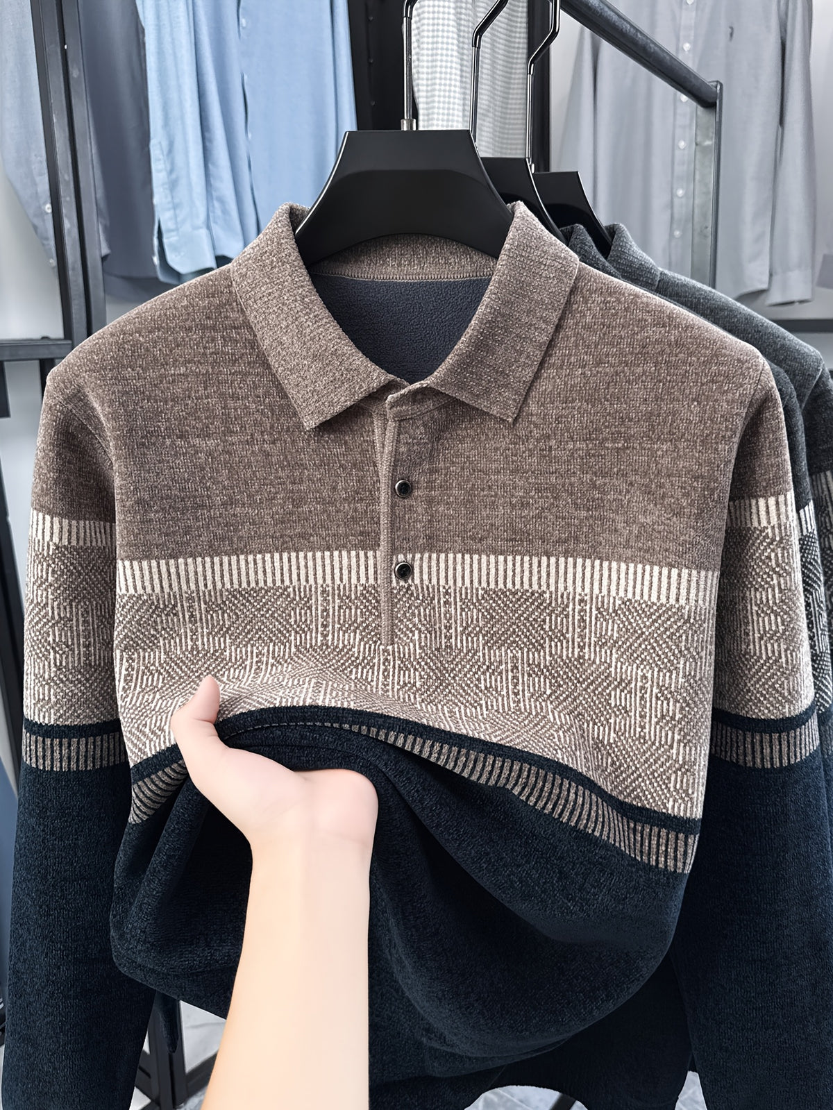Men's Color-Block Knit Pullover, Casual Warm Autumn/Winter POLO Sweater - Camel Coffee