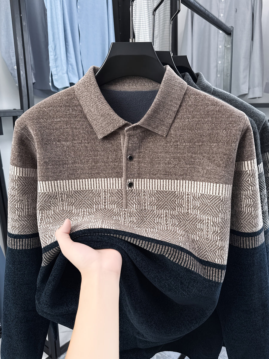 Men's Color-Block Knit Pullover, Casual Warm Autumn/Winter POLO Sweater - Camel Coffee