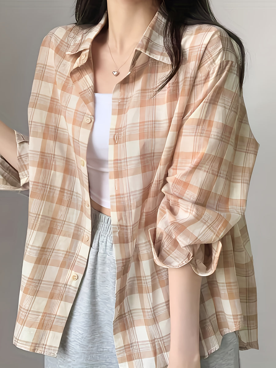 Women's Casual Plaid Shirt - Korean-Inspired Oversized Long Sleeve Button-Up with Checkered Pattern, Lightweight Breathable Fabric for Spring/Summer, Machine Washable Loose Fit Blouse, Summer Outfit, Soft Texture, Buttondown Top, Adults - Orange-Red