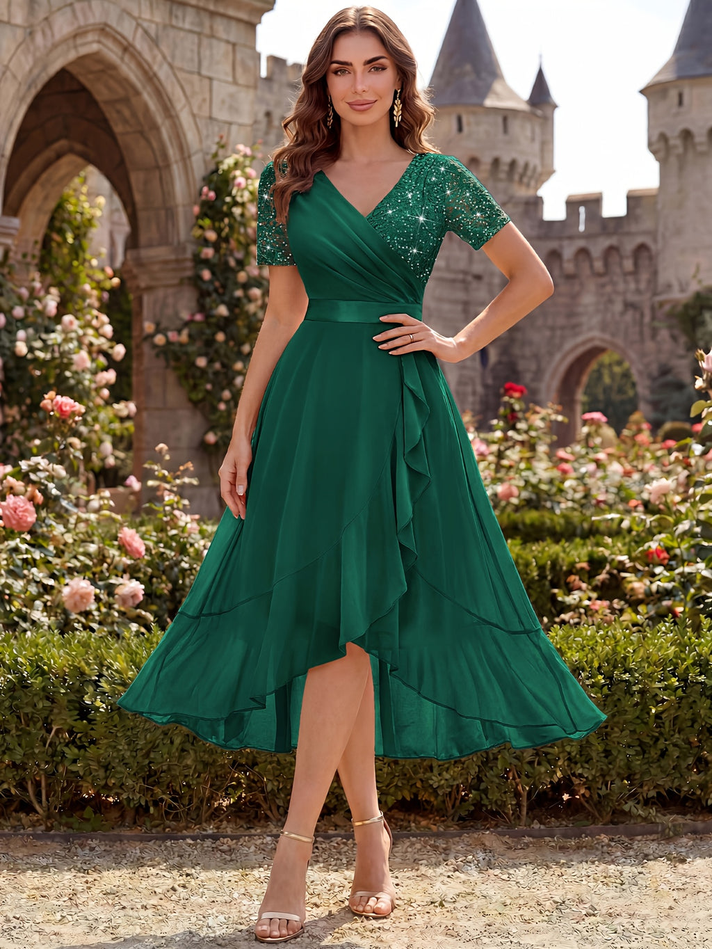 Women'S Elegant V-Neck Lace Chiffon Ruffled Trim Slit Wedding Party Long Dress - Dark Green