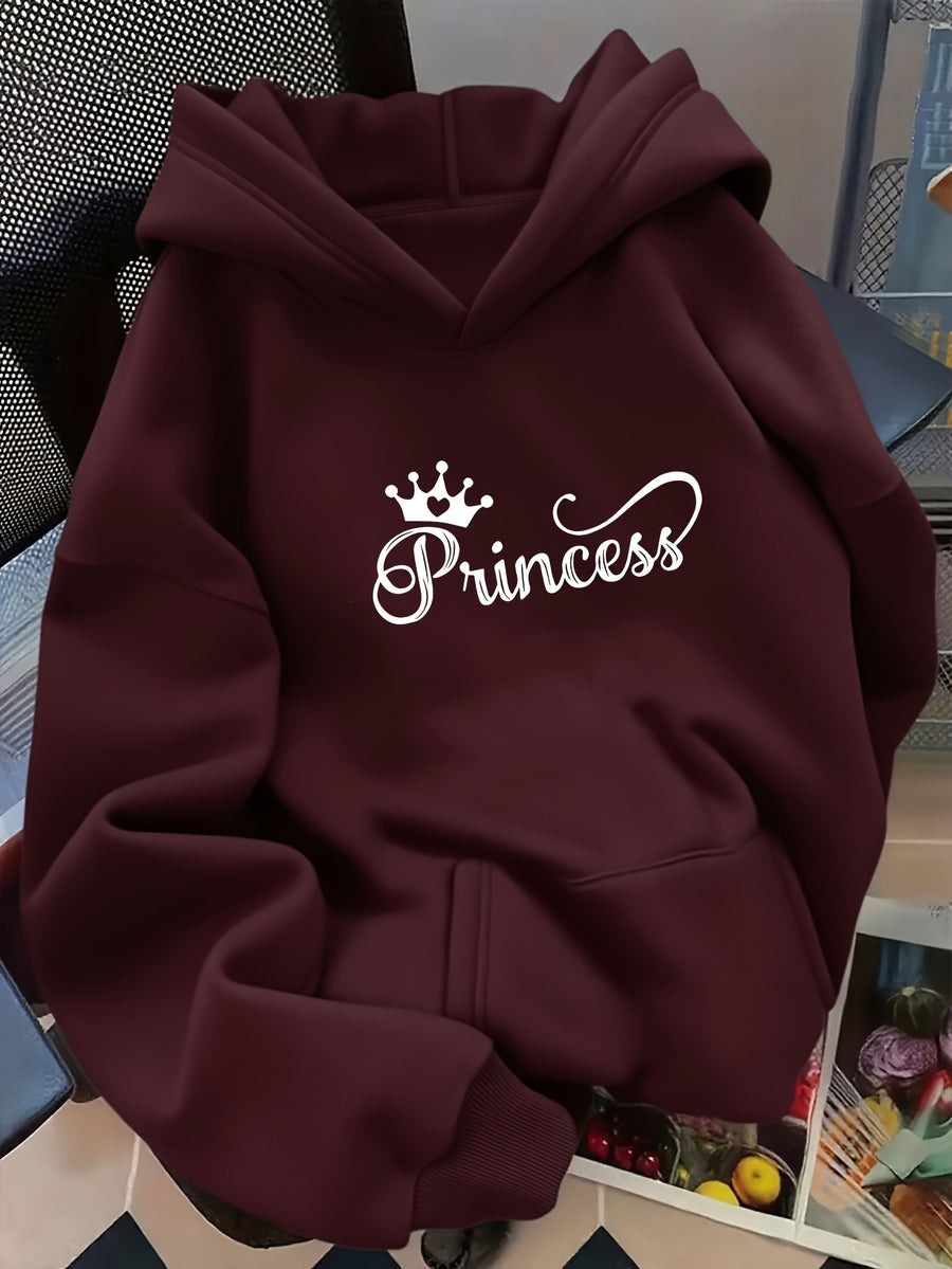 D92-1pc Loose Hooded Sweatshirt, Fashionable Versatile Princess Crown Pattern Printed Hooded Sweatshirt, Spring And Autumn, Women'S Size L15172 - Deep Red