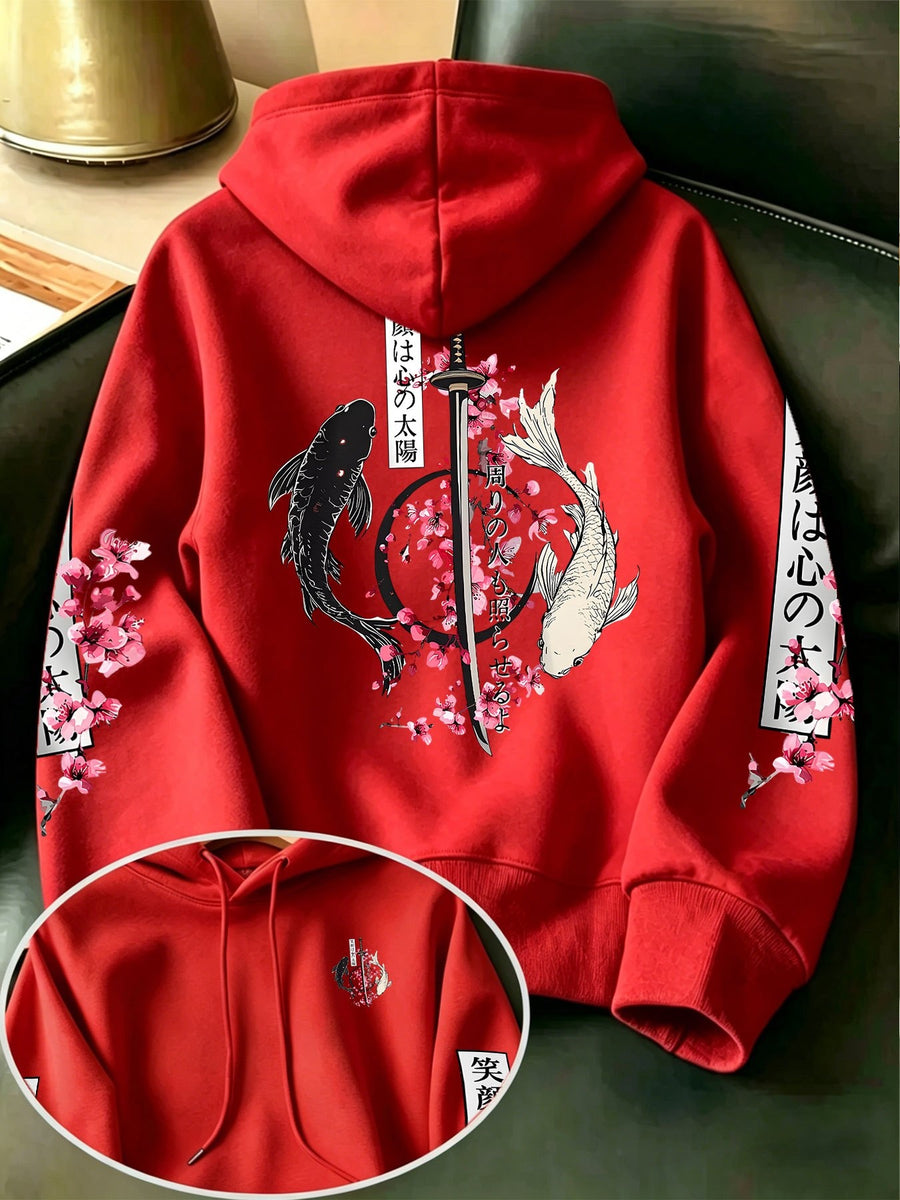 Men's New Fashion Hooded Sweatshirt, Cherry Blossom Samurai Sword Yin Yang Koi Japanese Washoku Style Print with Multi-Pattern Design, Large Pocket Hoodie with Adjustable Drawstrings, Comfortable and Versatile Pullover Hoodie with Kangaroo Pocket - Red