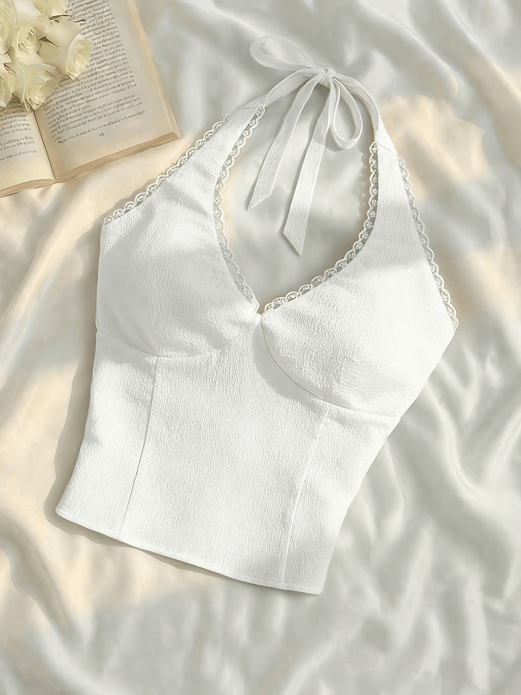 Women'S Solid Color Backless Lace-Up Slim-Fit Versatile Casual Top, Suitable for Summer, Vacation, Retro, Country Style, Going Out, Picnic And Other Occasions, Cute Yellow Top - White